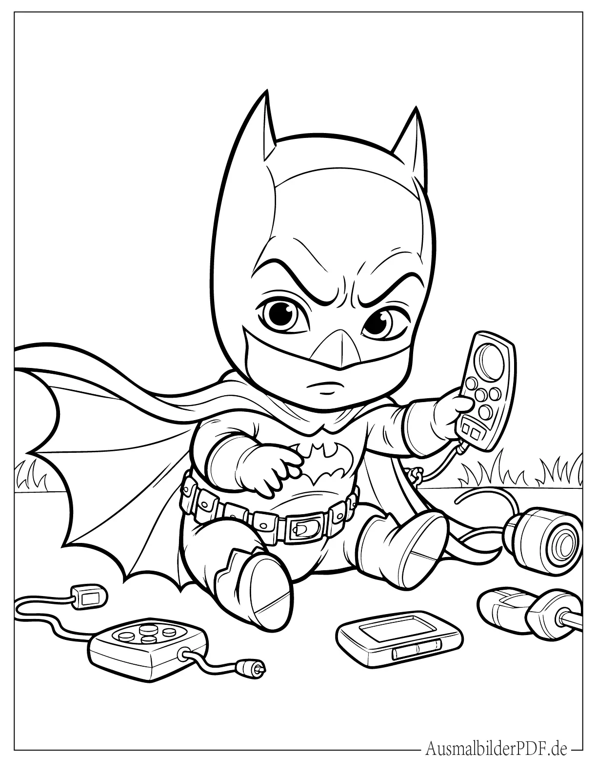 Niedlicher Cartoon Baby Batman mit großem Umhang und freundlichem Gesichtsausdruck in einer einfachen Zeichnung für kleine Kinder.