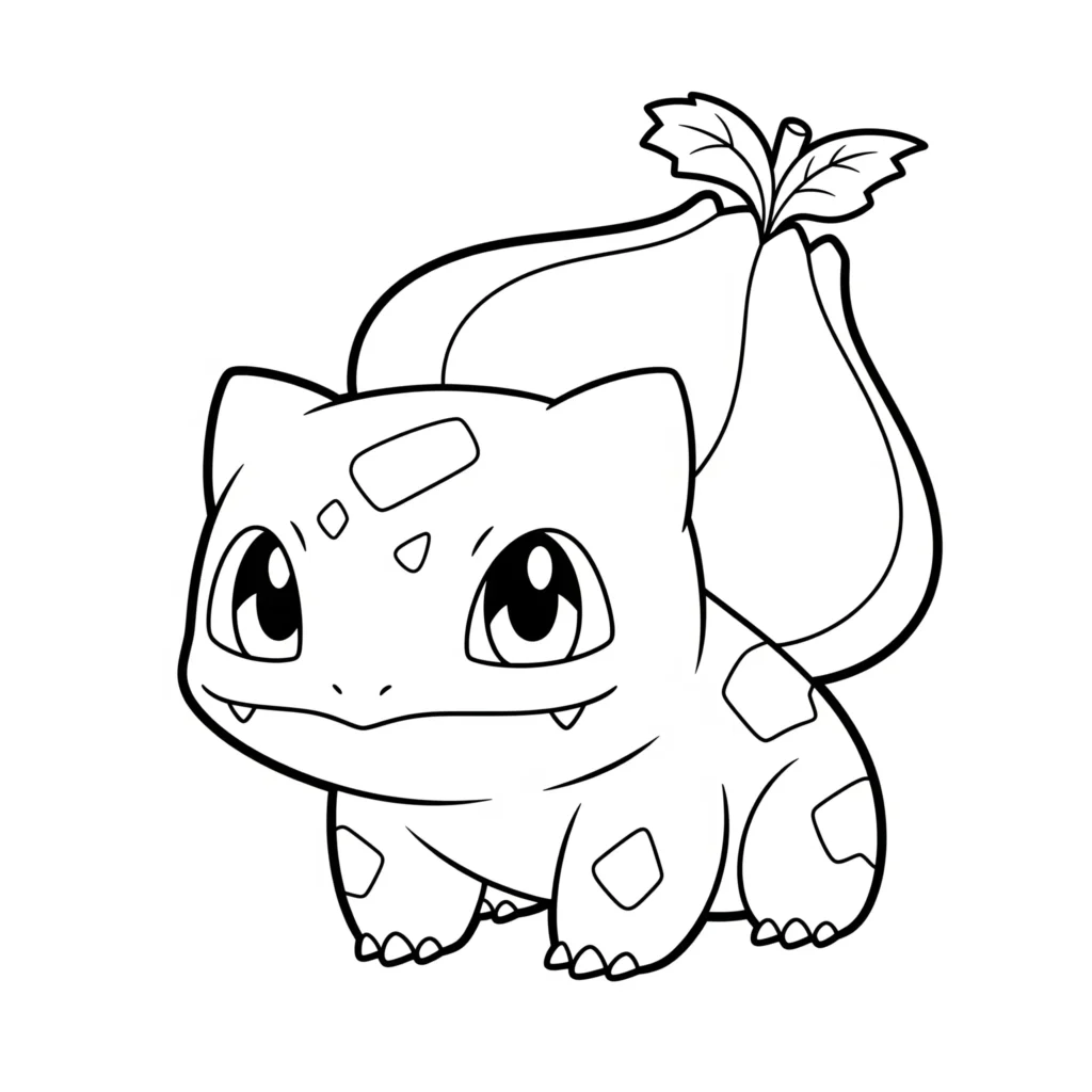 Ein süßes baby bisasam mit großen augen als ausmalbild zum ausdrucken im pdf-format – ideal für kleine pokemon-fans oder kreative eltern-kind-zeit