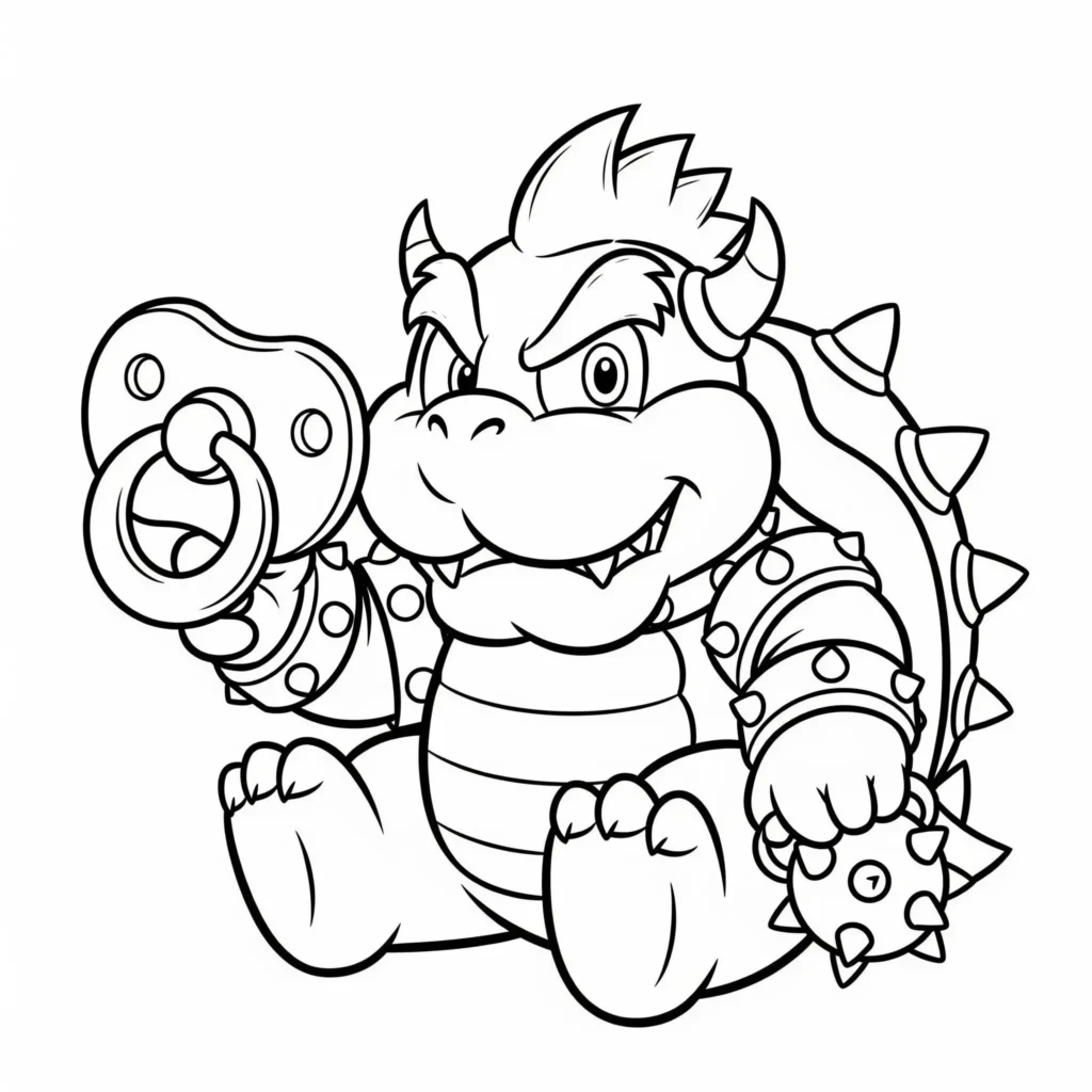 Baby Bowser spielt fröhlich in diesem Ausmalbild zum Ausdrucken, kostenlose Malvorlage für Kinder und Erwachsene