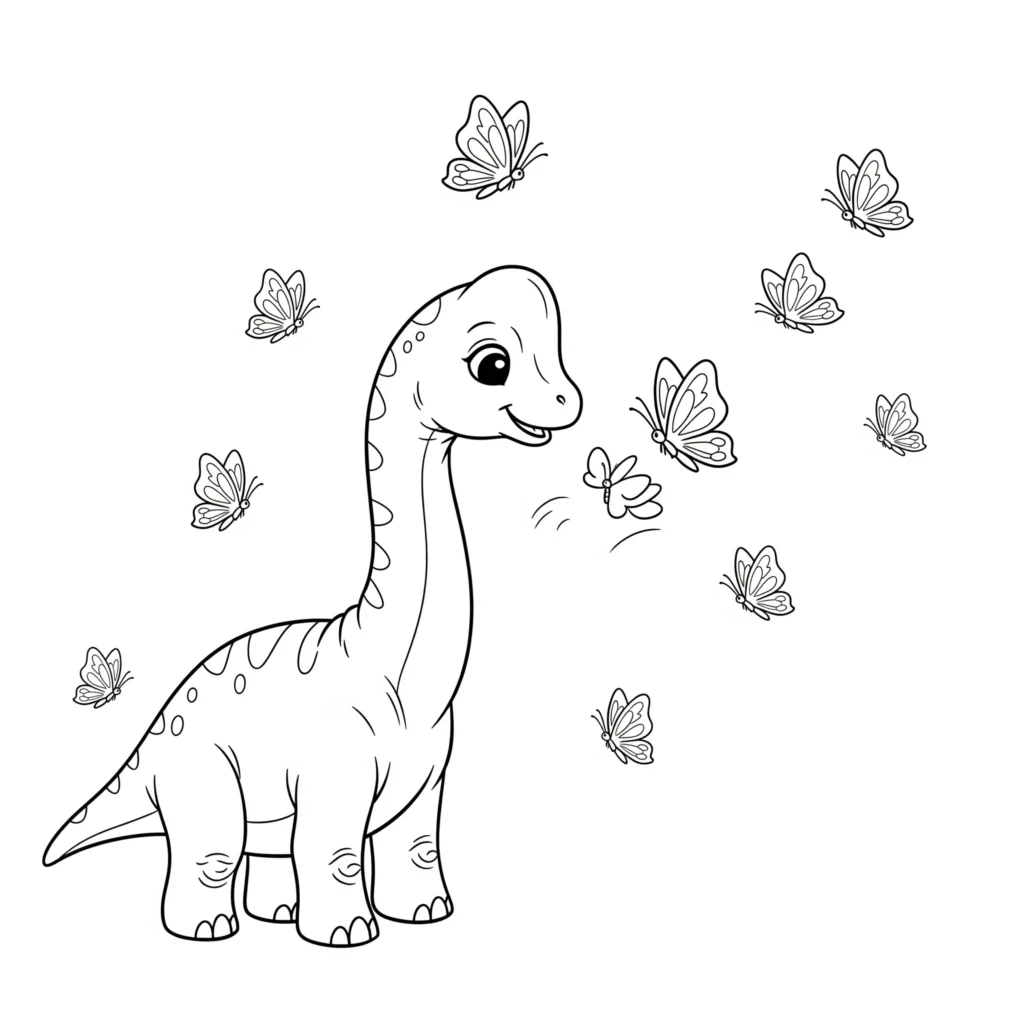 Dieses Baby Brachiosaurus Ausmalbild zeigt einen kleinen Dinosaurier, der von Schmetterlingen umgeben ist und eine freundliche Szene zum Ausmalen bietet.