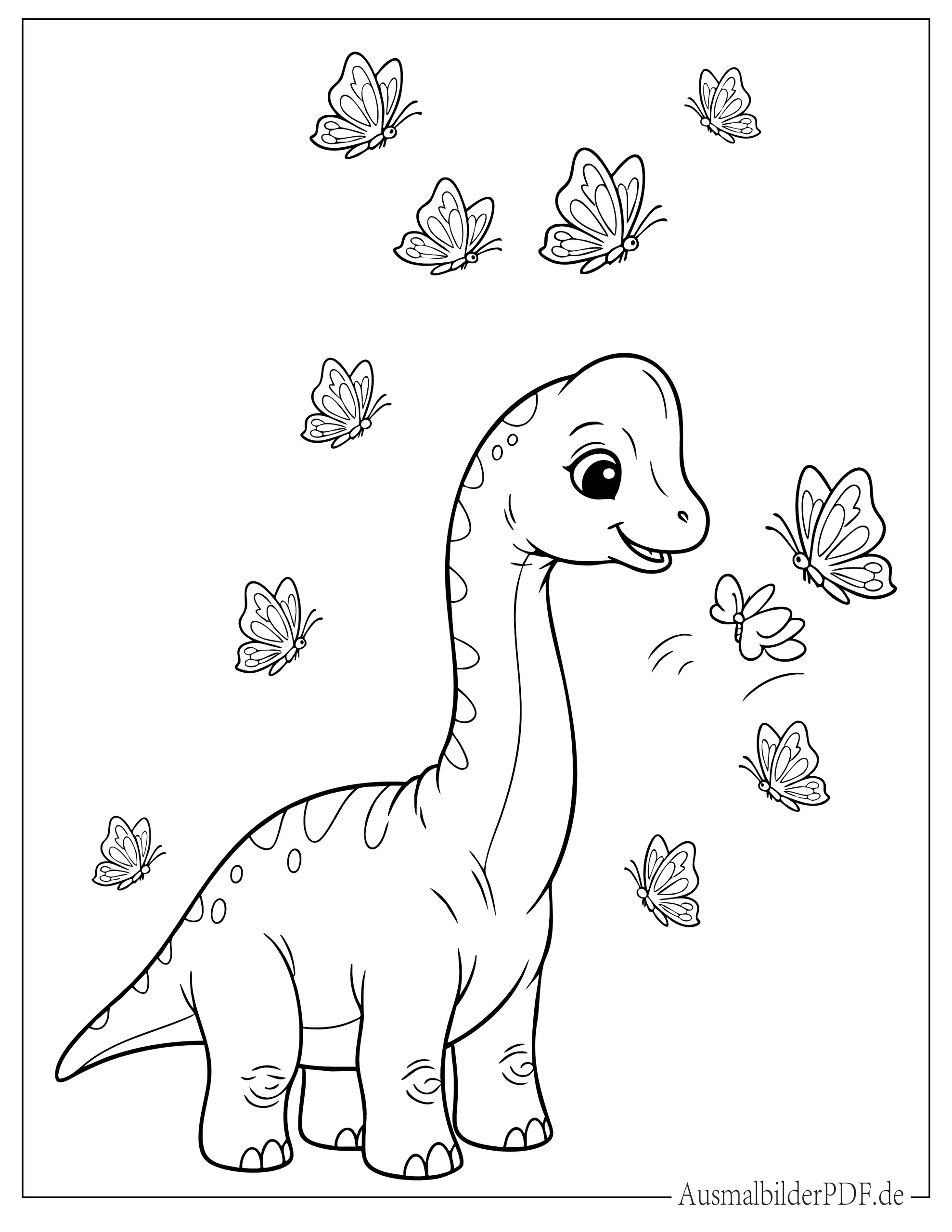 Niedlicher Baby Brachiosaurus mit Schmetterlingen zum Ausmalen