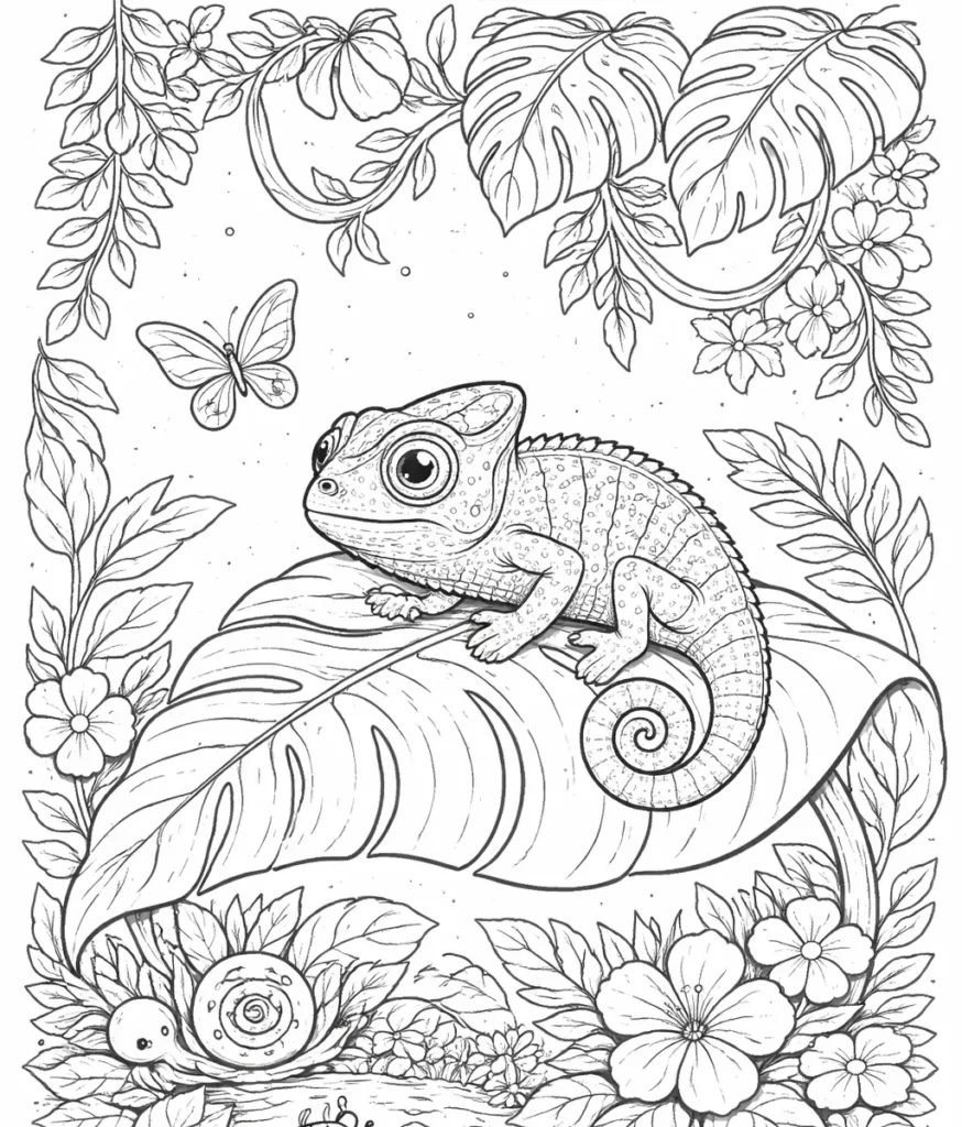 10 Chamäleon Ausmalbilder (Gratis Malvorlage PDF zum drucken) Niedliches Baby-Chamäleon auf einem Blatt mit Pflanzen und Insekten. Kostenlose Druckvorlage für Kinder zum kreativen Ausmalen zuhause.