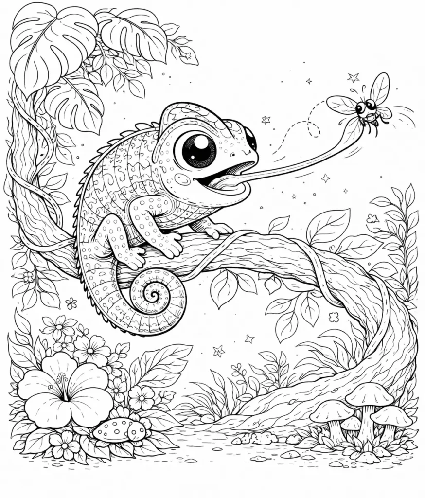 10 Chamäleon Ausmalbilder (Gratis Malvorlage PDF zum drucken) Baby-Chamäleon streckt die Zunge nach einer Fliege aus, sitzt auf Ast zwischen Pflanzen, ideal zum Ausmalen für Kinder und Erwachsene.