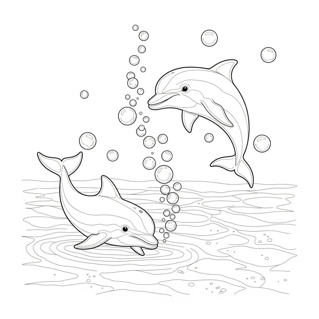 einfach für kinder zeigt zwei baby delfine die mit seifenblasen spielen als pdf zum ausdrucken kostenlos