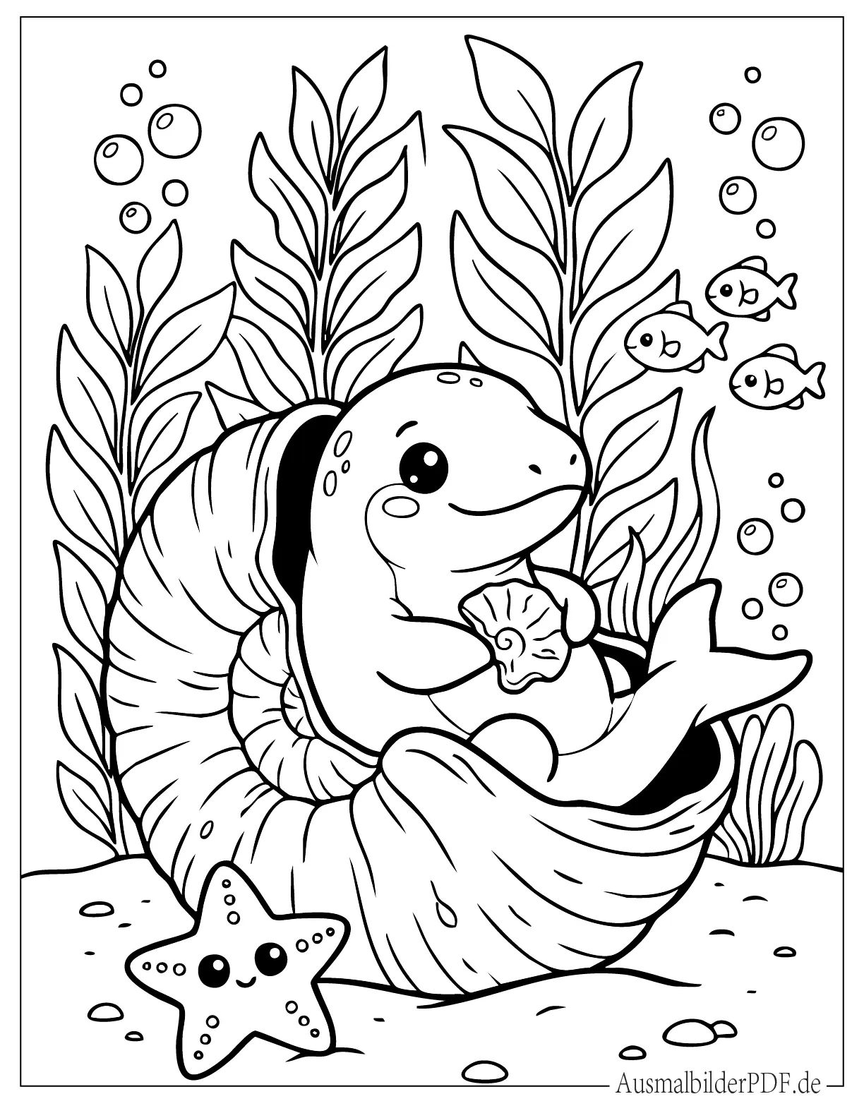 Niedlicher Kawaii Baby Mosasaurus ruht auf Muschel Malvorlage