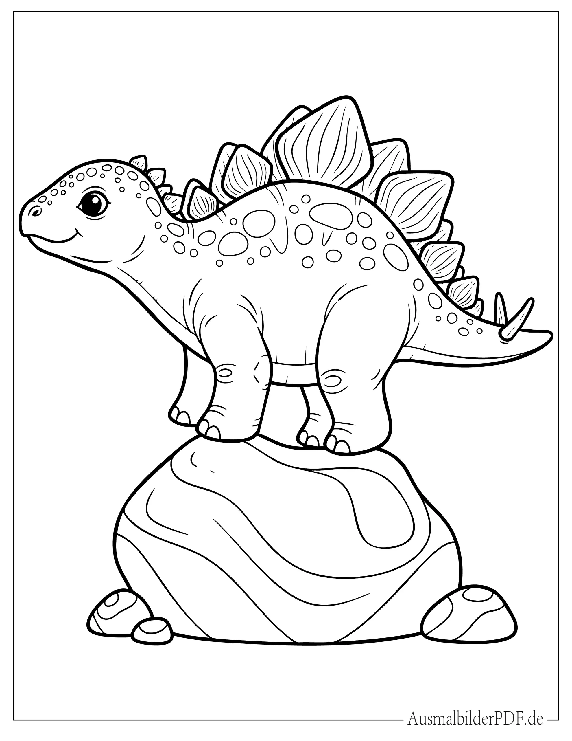 Niedlicher Baby Stegosaurus stehend auf kleinem Felsen Ausmalbild für Kinder
