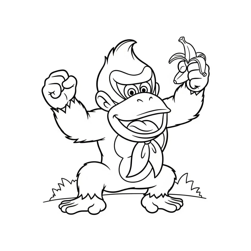 Baby Donkey Kong spielt fröhlich in diesem Ausmalbild, perfekt zum kostenlosen Ausdrucken für Kinder