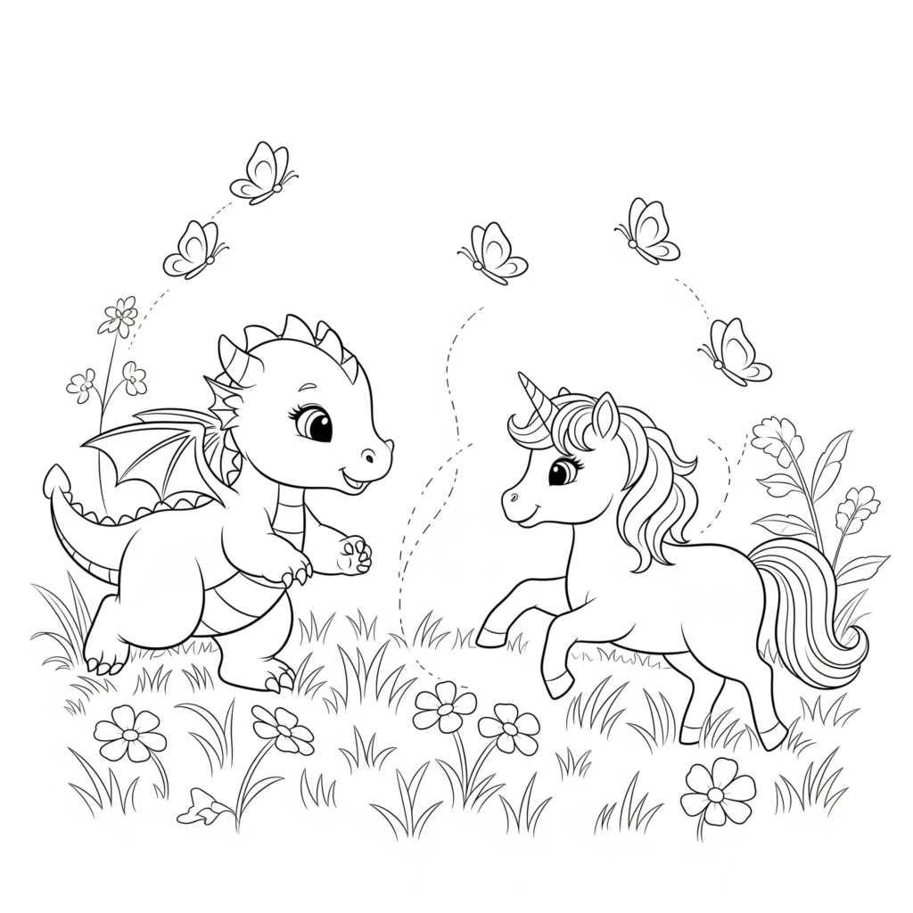 30 Drachen Ausmalbilder (Kostenlos Malvorlage zum Ausdrucken) Niedlicher Baby Drache und Einhorn zusammen zum Ausmalen und Ausdrucken