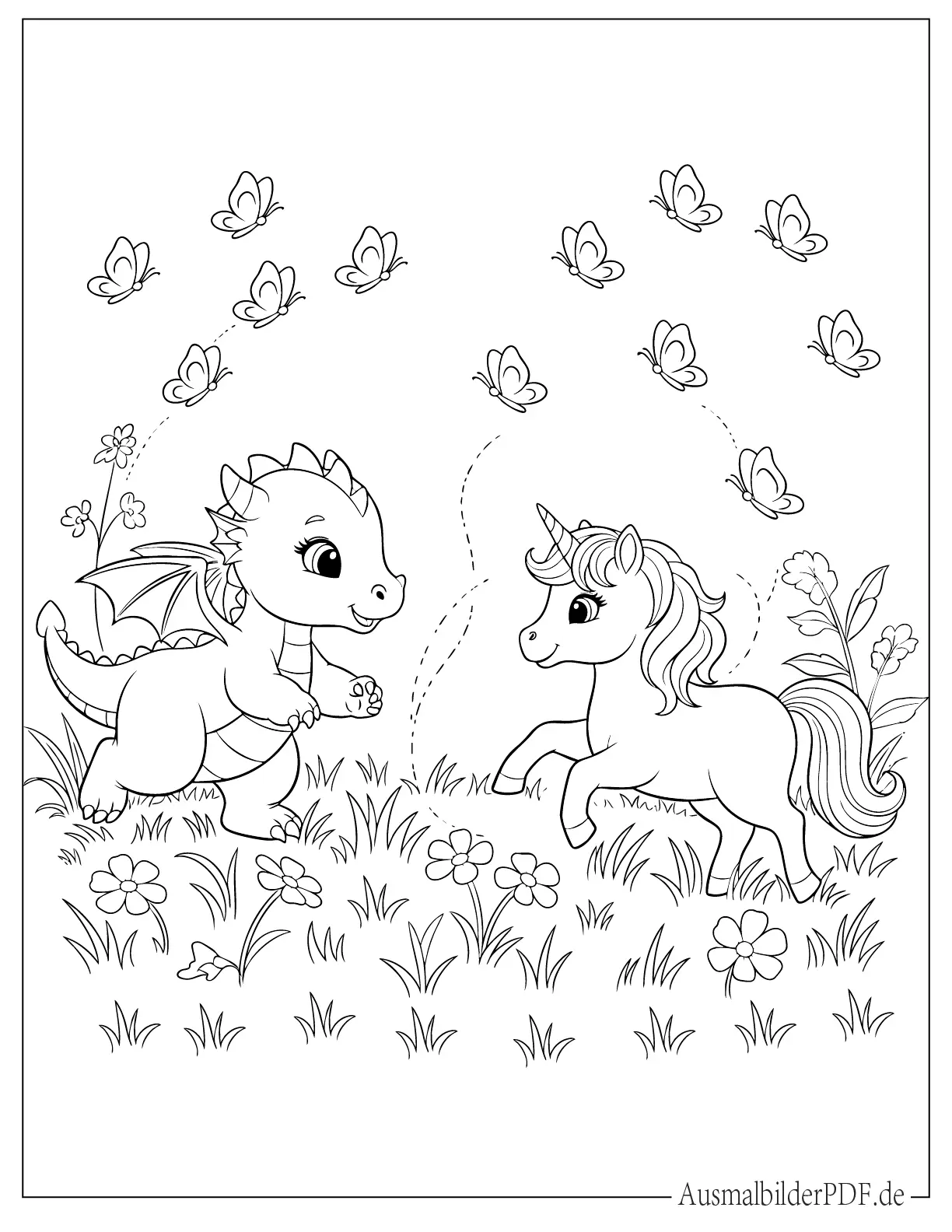 Einfacher Baby Drache und Einhorn spielen zusammen Ausmalvorlage