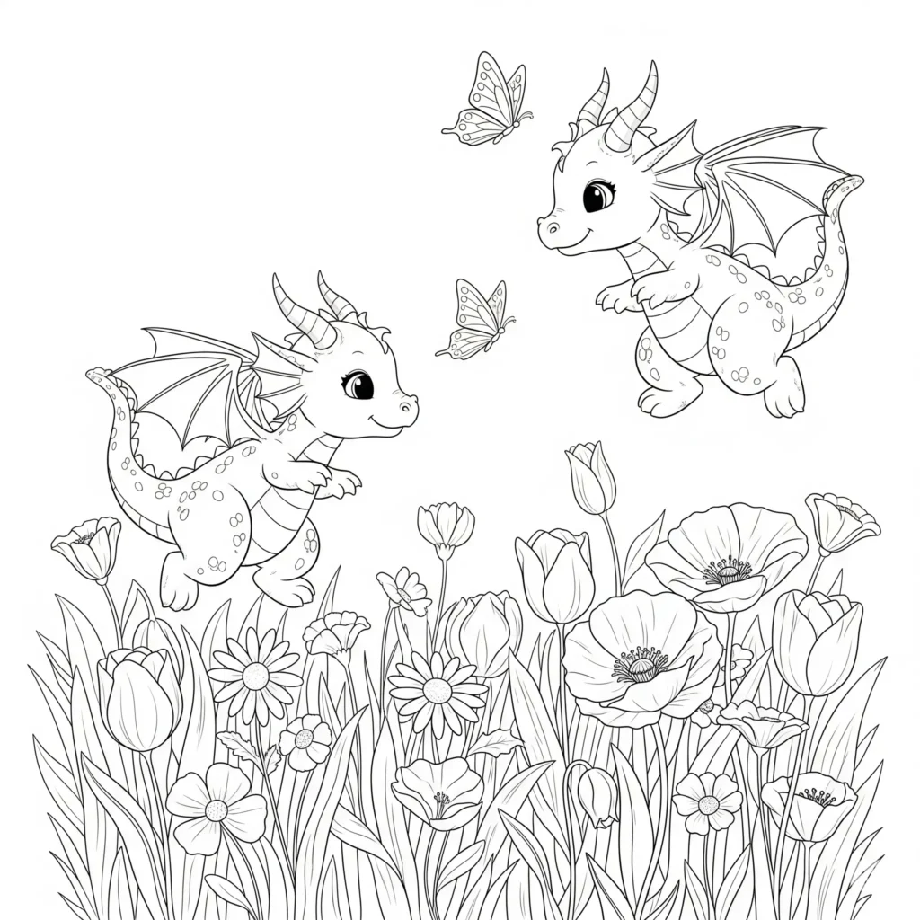 30 Drachen Ausmalbilder (Kostenlos Malvorlage zum Ausdrucken) Zwei kleine Drachen spielen fröhlich miteinander zum Ausmalen und Ausdrucken