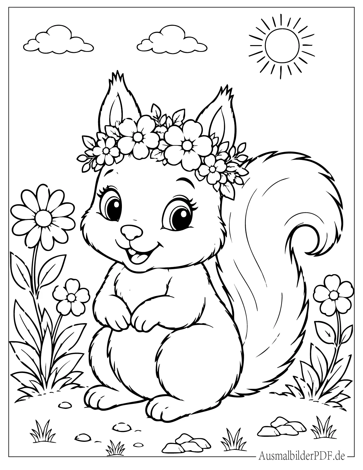 Süßes Baby-Eichhörnchen mit einer Blumenkrone Ausmalbild
