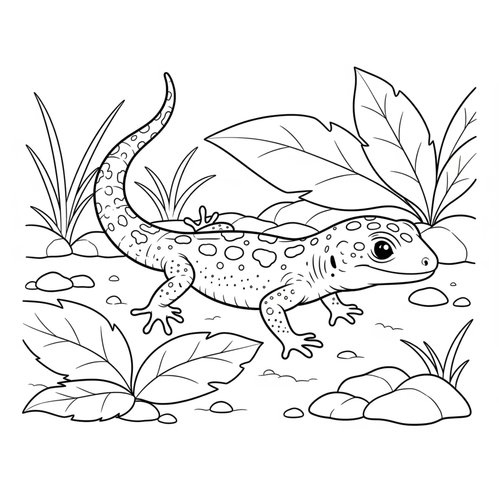 Malvorlage einer niedlichen Baby Eidechse mit klaren Konturen und viel Platz zum Ausmalen, ideal für Kinder zum kreativen Gestalten und Ausmalen