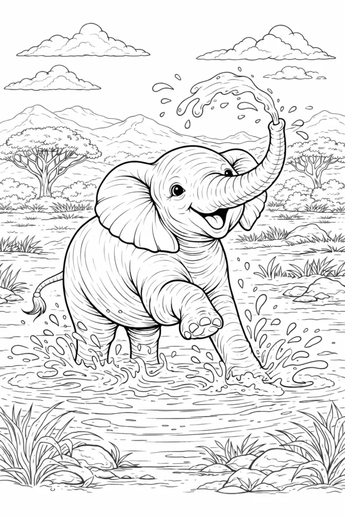 Ein süßes ausmalbild zeigt einen Baby Elefanten der fröhlich Wasser spritzt in einer offenen Landschaft und Kinder zum Mitmachen einlädt