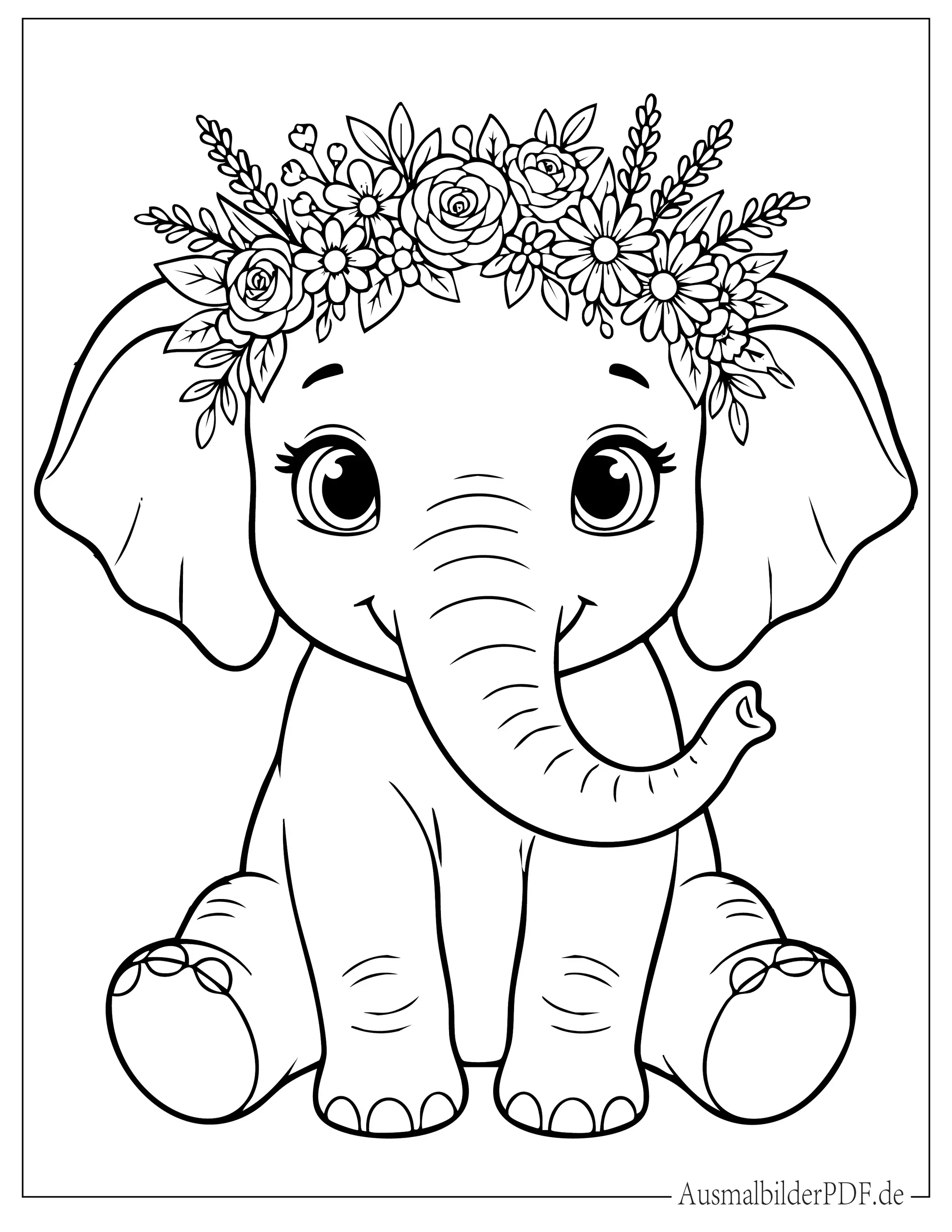 Baby Elefant mit großen Augen und Blumenkrone zum Ausmalen