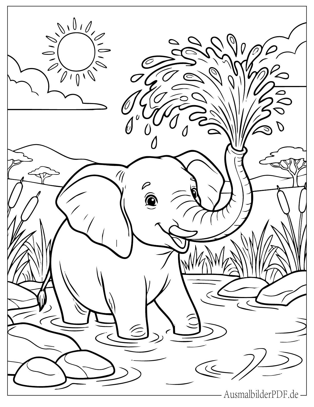 Niedlicher Baby Elefant spritzt Wasser Ausmalbild