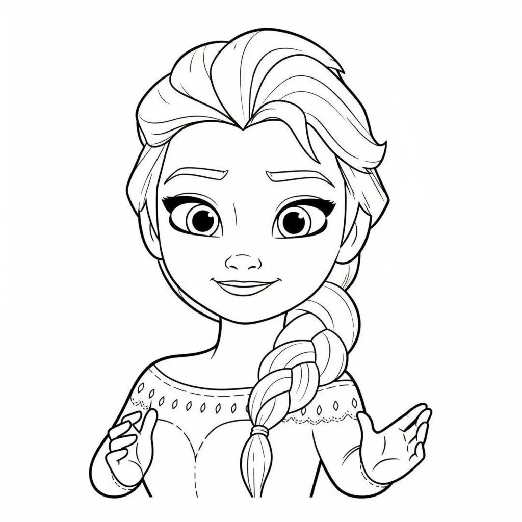 Baby Elsa sitzt fröhlich und schaut neugierig, mit ihrem kleinen Kleid und den charakteristischen blonden Haaren. Dieses Ausmalbild ist perfekt für kleine Kinder, die Elsa lieben und kostenlos ausmalen möchten.