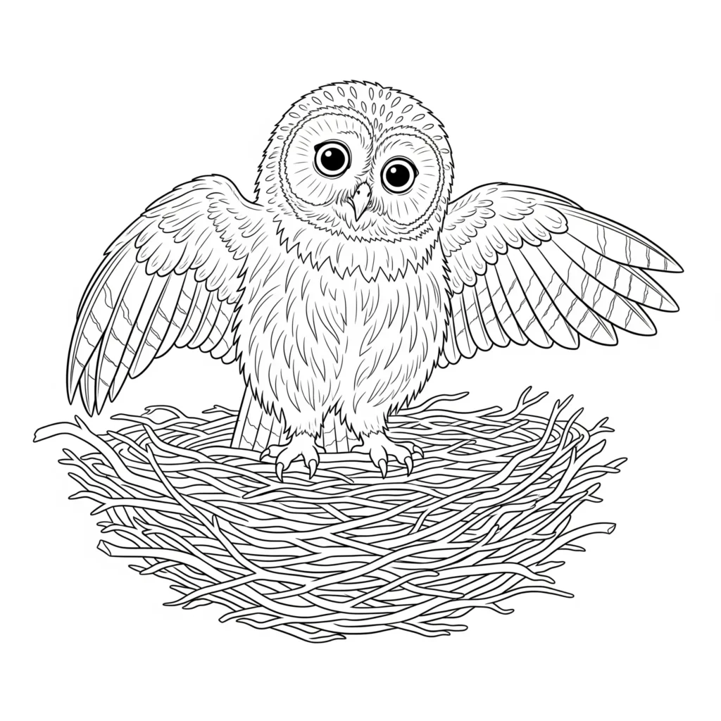 Baby Eule beim Lernen zu fliegen als Ausmalbild für Kinder zum Ausdrucken im PDF-Format