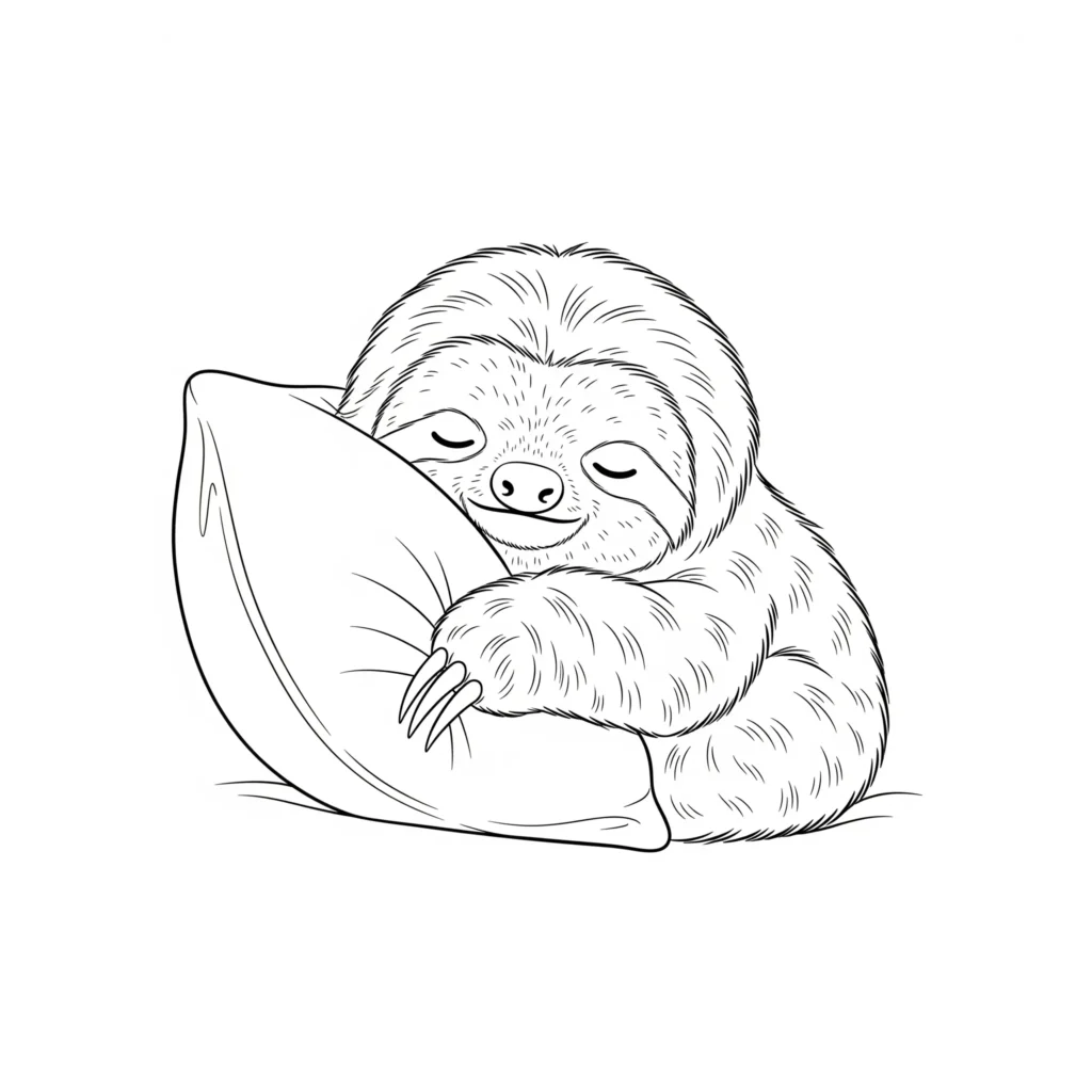 Faultier Malvorlage zum Ausdrucken kostenlos. Ein niedliches Baby Faultier schläft friedlich auf einem Kissen – ideal für Faultier malvorlage kinder.