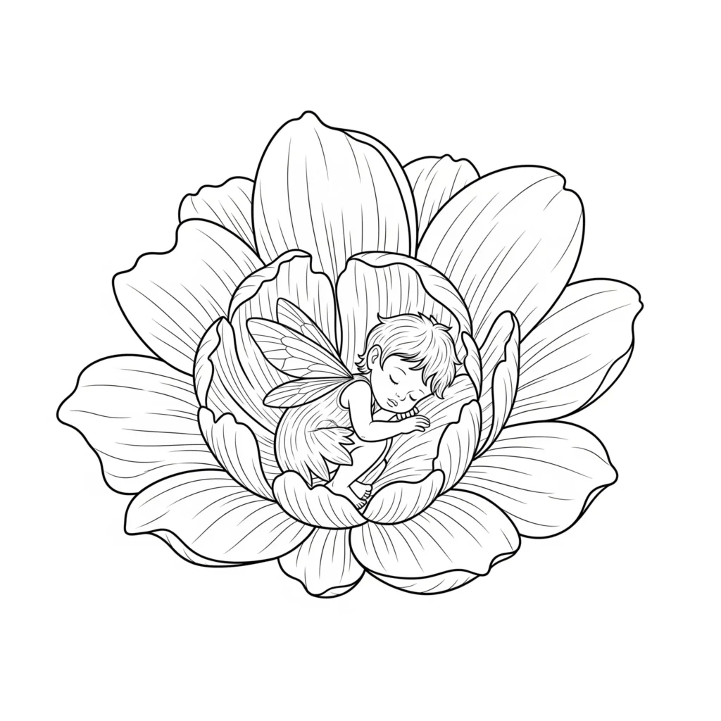 16 Feen Ausmalbilder (Kostenlos Malvorlage zum Ausdrucken) Dieses Baby Fee Ausmalbild zeigt eine kleine Fee, die friedlich in einer Blume schläft. Kinder können die Blütenblätter, Flügel und den Hintergrund farbenfroh gestalten und eine zarte Märchenszene erschaffen.