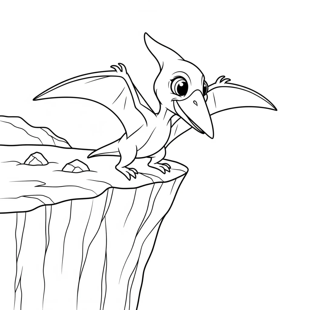 Ein kleiner Baby-Flugsaurier mit ausgebreiteten Flügeln versucht seinen ersten Flug über einer Wiese  für kinder und anfänger zum ausdrucken