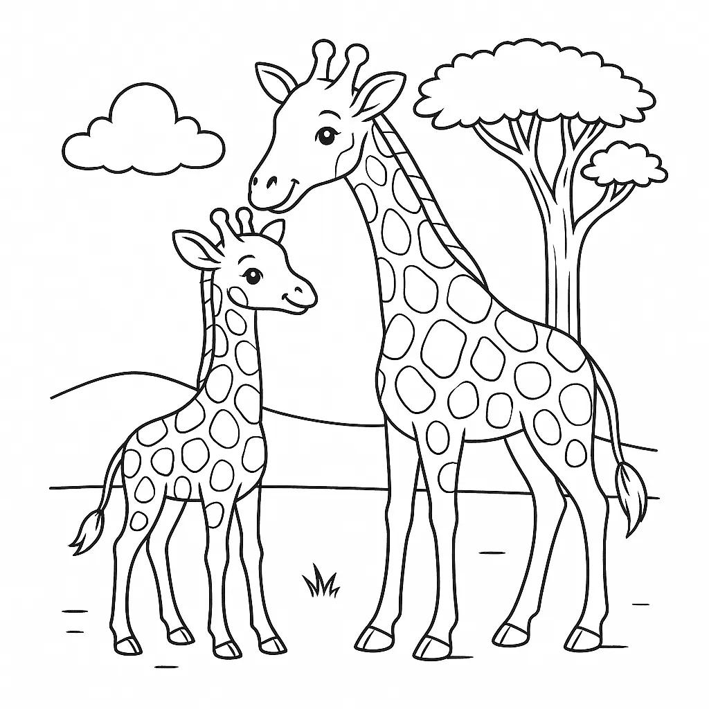 Baby Giraffe Ausmalbild – Giraffenbaby steht neben seiner Mutter in der Landschaft
