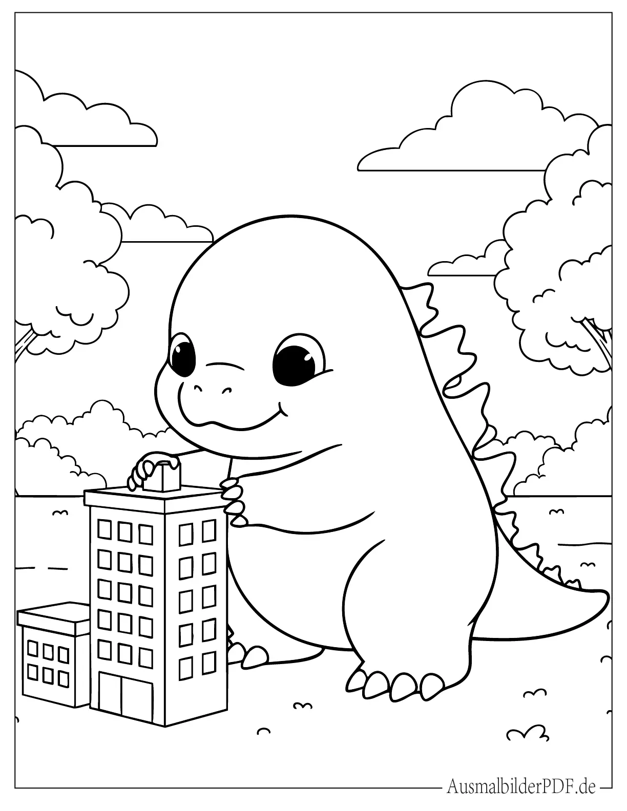 Niedlicher Baby Godzilla spielt mit einem kleinen Gebäude Malvorlage für Kinder
