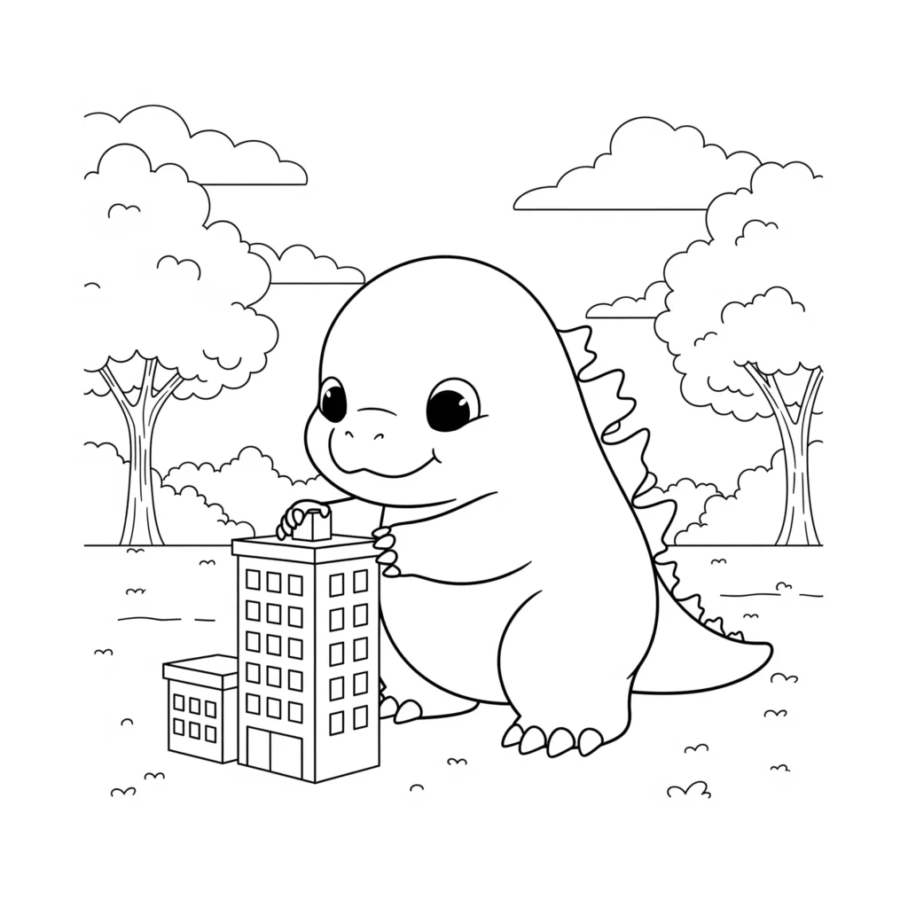 godzilla ausmalbild kinder mit baby godzilla motiv im cartoon stil perfekt zum ausdrucken und ausmalen geeignet