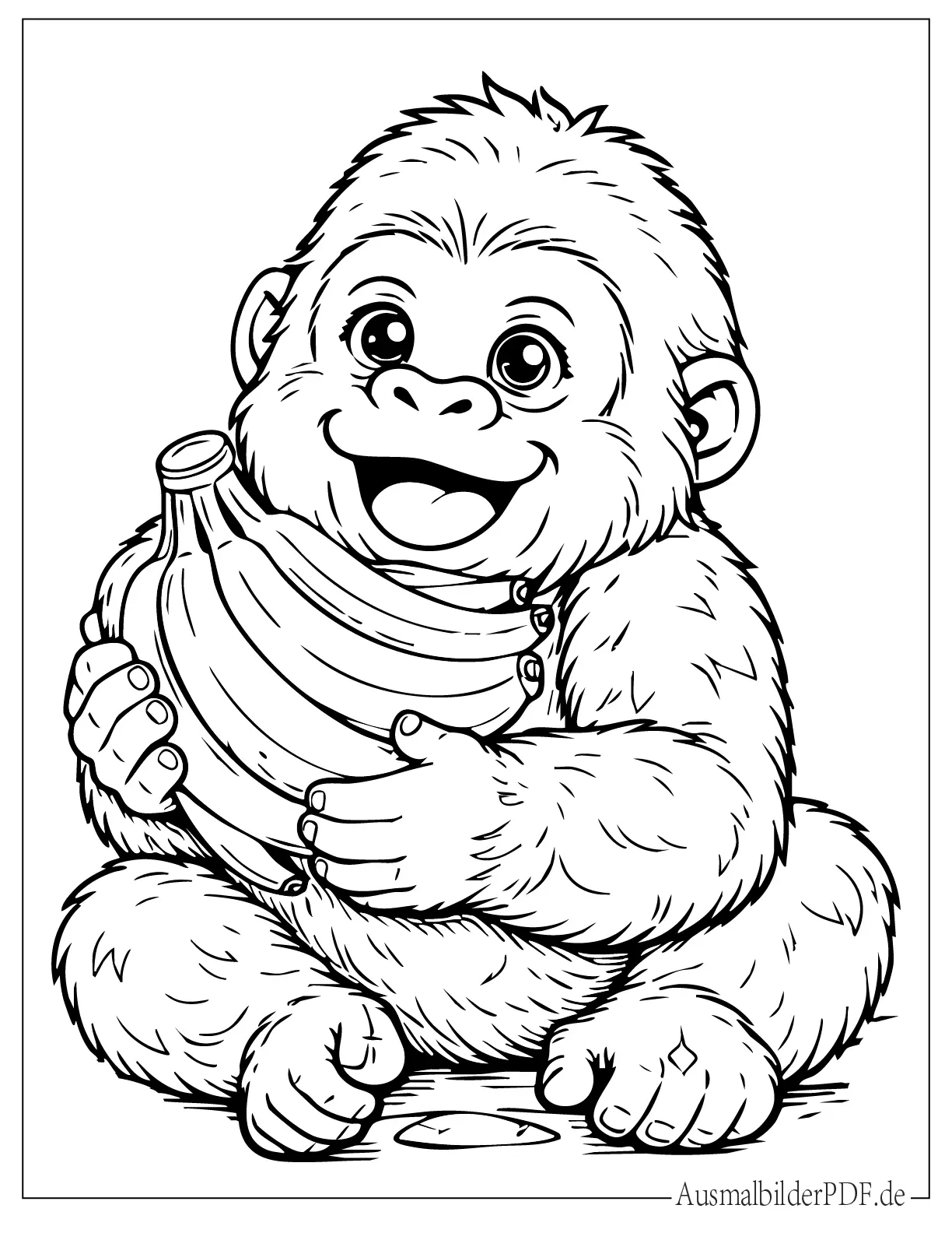 Glücklicher Baby Gorilla hält Bananenbund zum Ausmalen für Kinder
