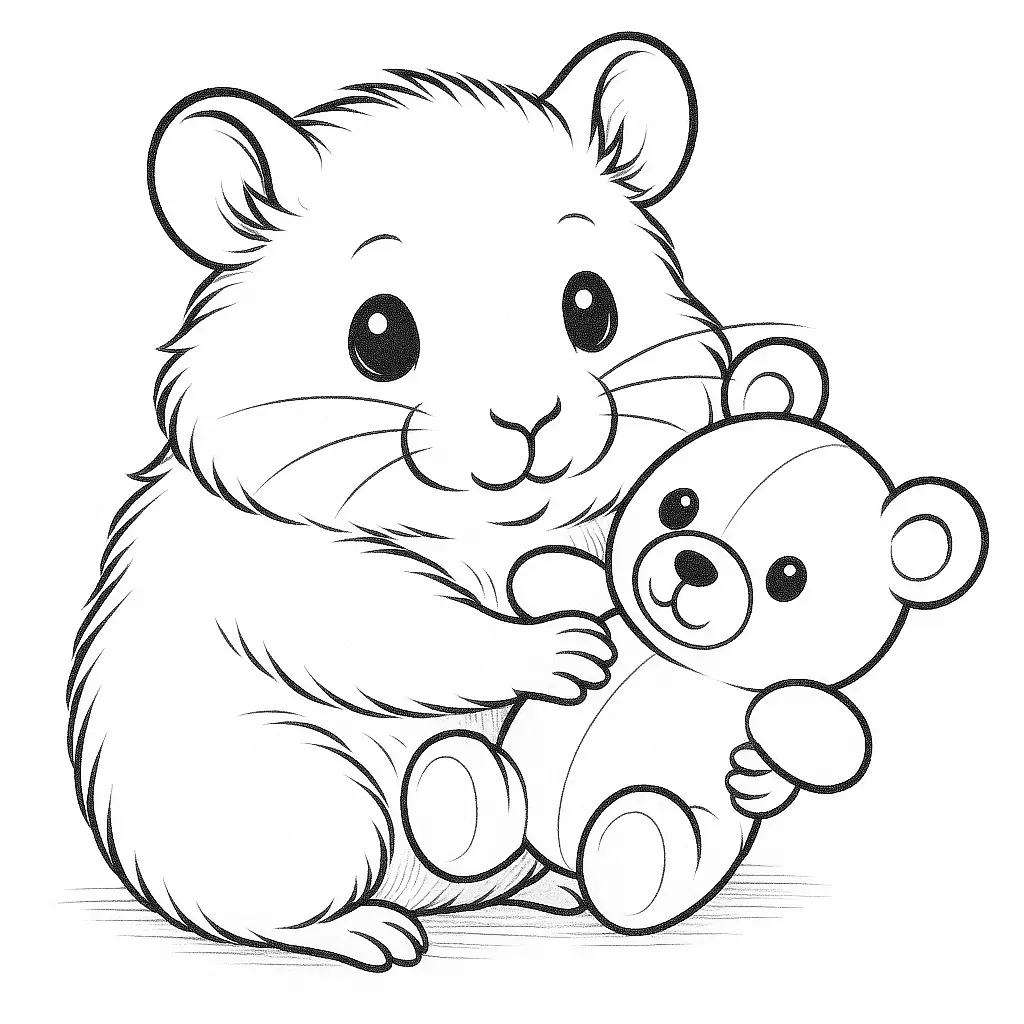 Baby Hamster ausmalbild – kleiner Hamster kuschelt mit Stofftier