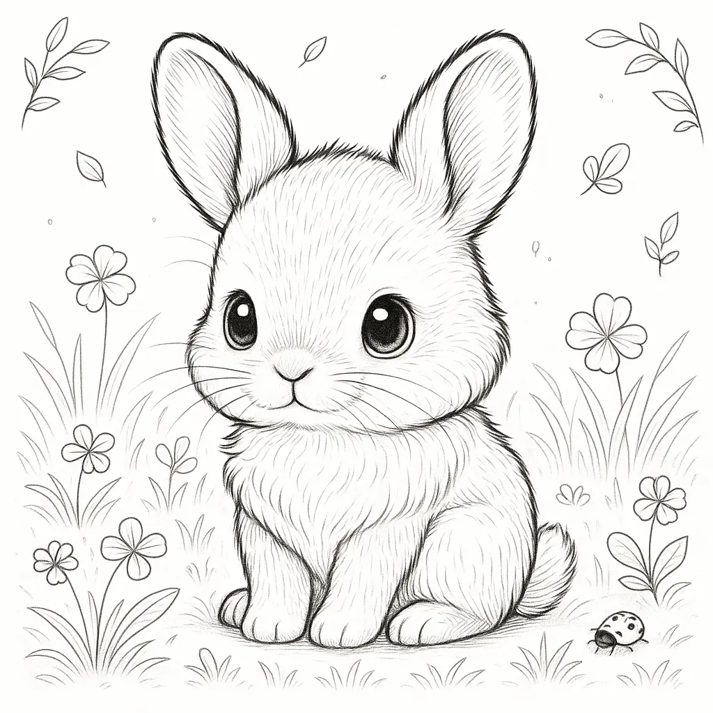 Ausmalbild eines süßen Baby-Hasen auf einer Wiese mit Blumen
