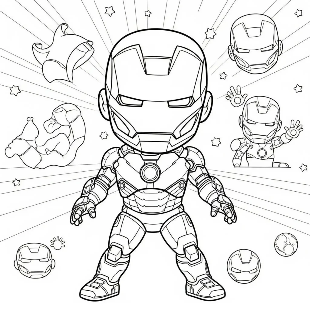Niedliches Ausmalbild von Baby Iron Man in Superheldenpose, perfekt zum Ausdrucken und Ausmalen für Kinder