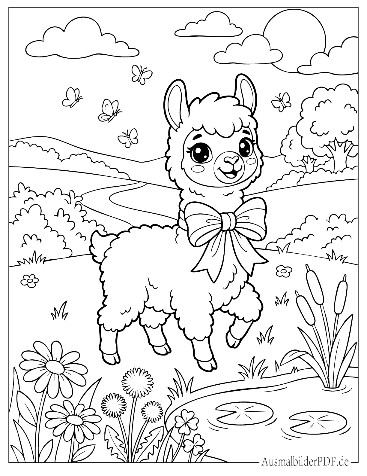 Fröhliches Baby Lama mit großen Augen und Schleife Ausmalbild