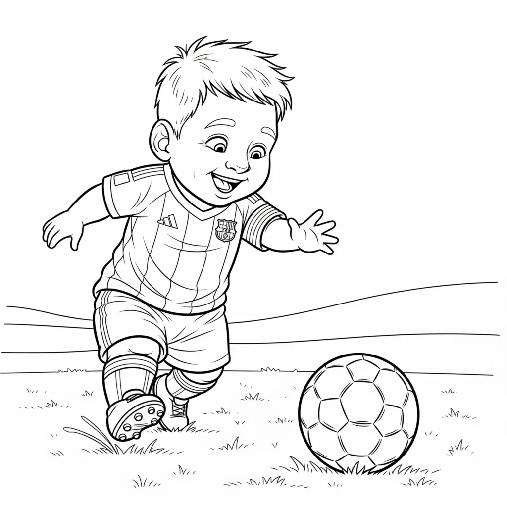 Baby Messi Ausmalbild beim Fußballspielen, kostenlose Malvorlage zum Ausdrucken und Ausmalen für Kinder