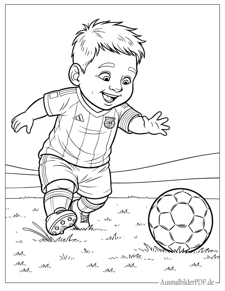 Messi als Kind beim Fußballspielen auf dem Platz, einfache Szene zum Ausmalen für Kinder mit Sport und Spaß