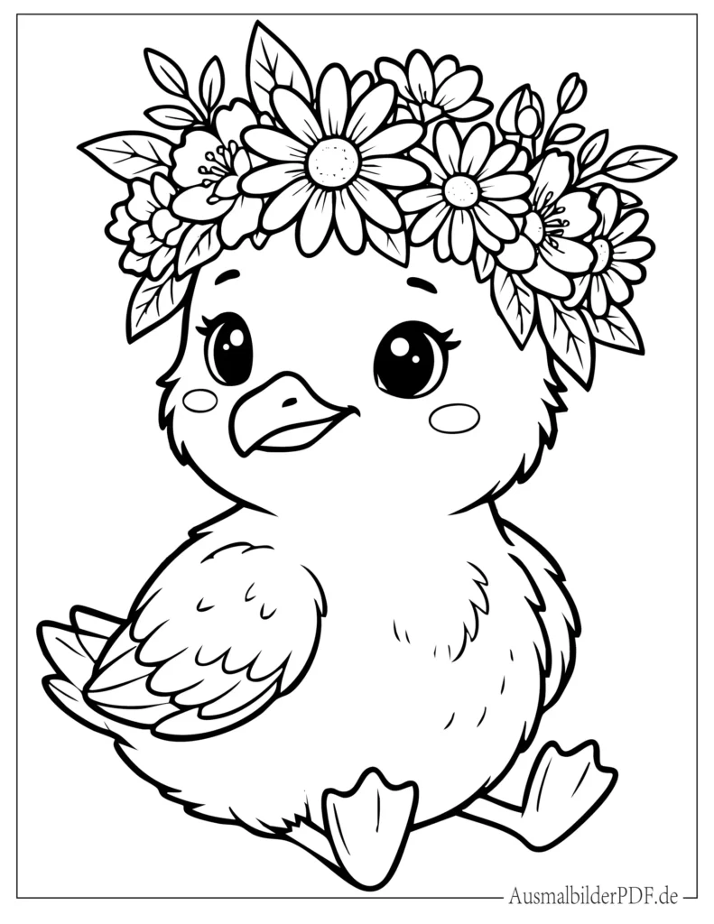 Niedliches Möwenbaby mit Blumenkrone sitzt Ausmalbild