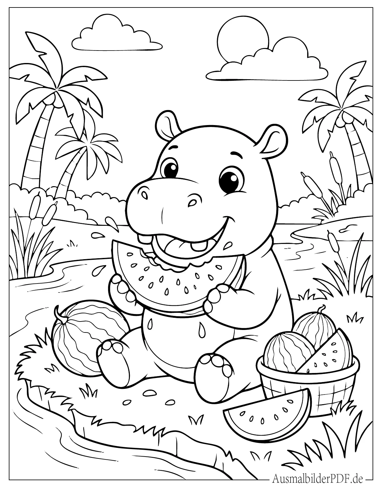 Niedliches Nilpferdbaby isst eine Wassermelone Ausmalbild