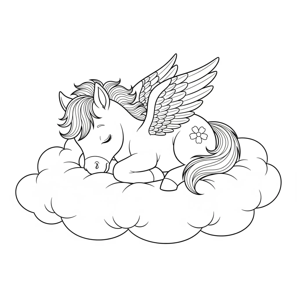 Süßes Ausmalbild mit einem schlafenden Baby Pegasus auf einer weichen Wolke als PDF zum Ausdrucken für Kinder