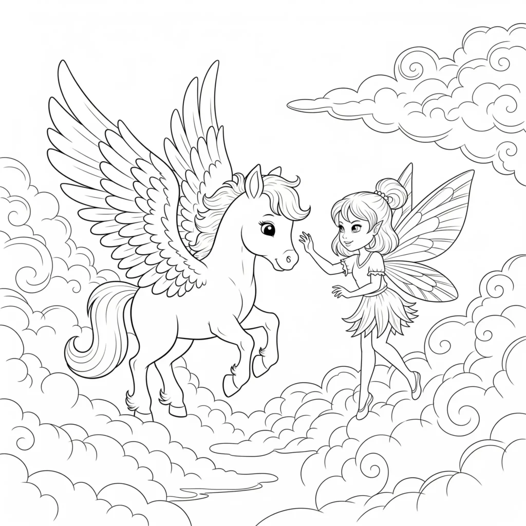 Ein Baby Pegasus steht neben einer kleinen Fee mit Flügeln. Dieses Ausmalbild ist als PDF erhältlich und ideal für Kinder zum Ausdrucken