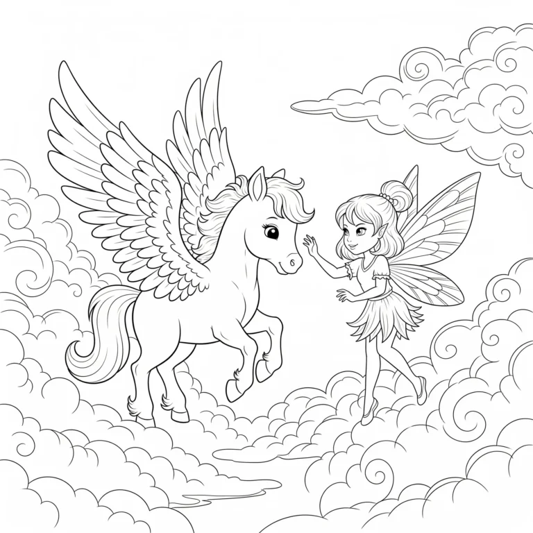 Ein Baby Pegasus steht neben einer kleinen Fee mit Flügeln. Dieses Ausmalbild ist als PDF erhältlich und ideal für Kinder zum Ausdrucken