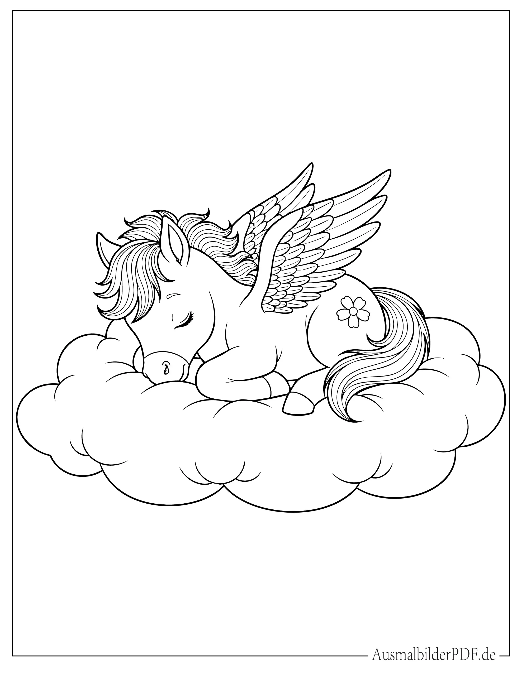 Einfaches Baby Pegasus schläft auf einer Wolke Malvorlage für Kinder
