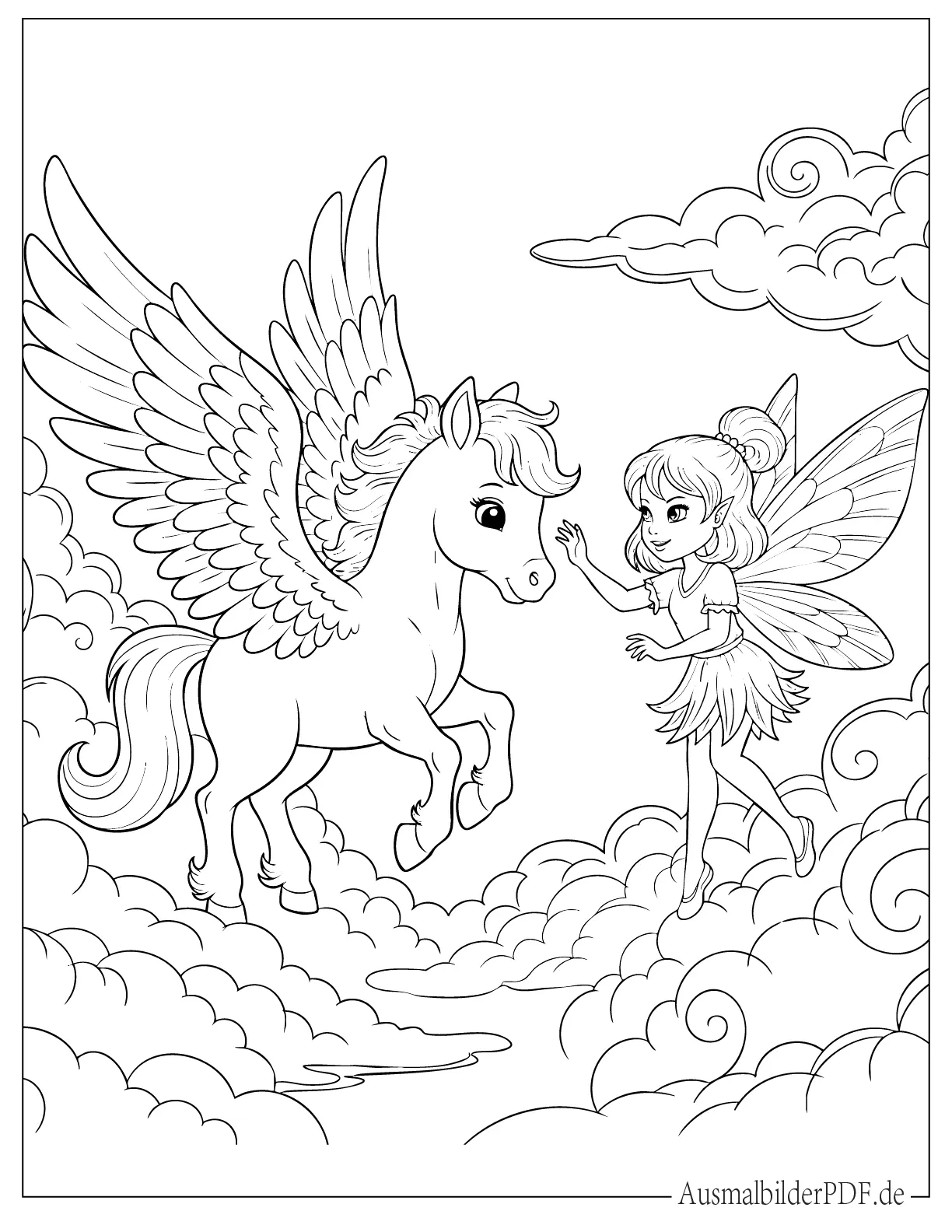 Baby Pegasus und junge Fee in Wolken zum Ausmalen