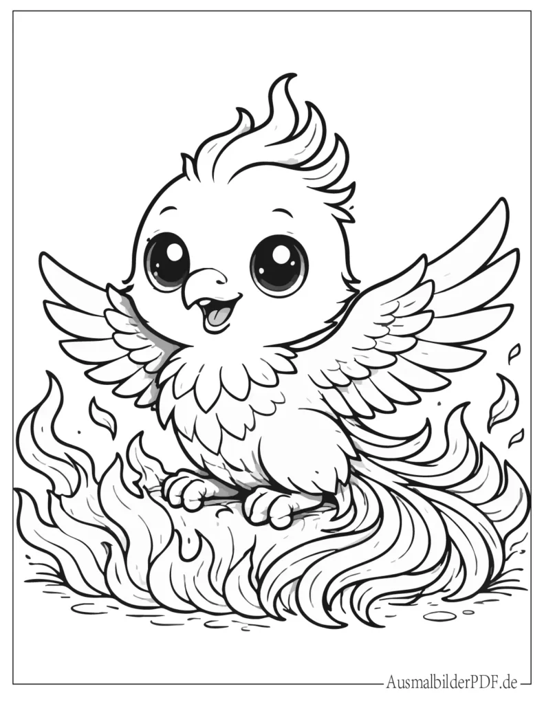 Ausmalbild eines süßen Baby-Phönix mit klaren Linien, ideal für Kinder zum Ausdrucken und Ausmalen
