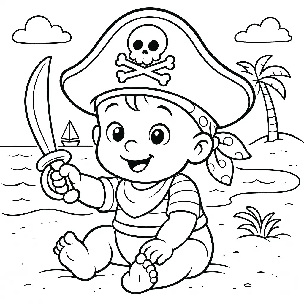 Süßer Baby Pirat mit Piratenhut und Schwert am Strand – Ausmalbild für Kinder