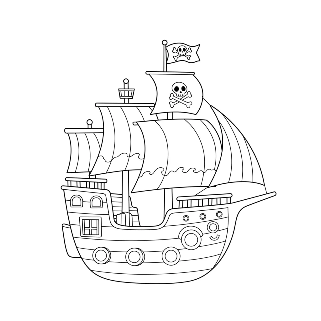 Baby Piratenschiff Ausmalbild mit kindgerechtem, einfachem Design – kostenlose Piratenschiff Ausmalbilder als PDF für Kleinkinder und Kinder