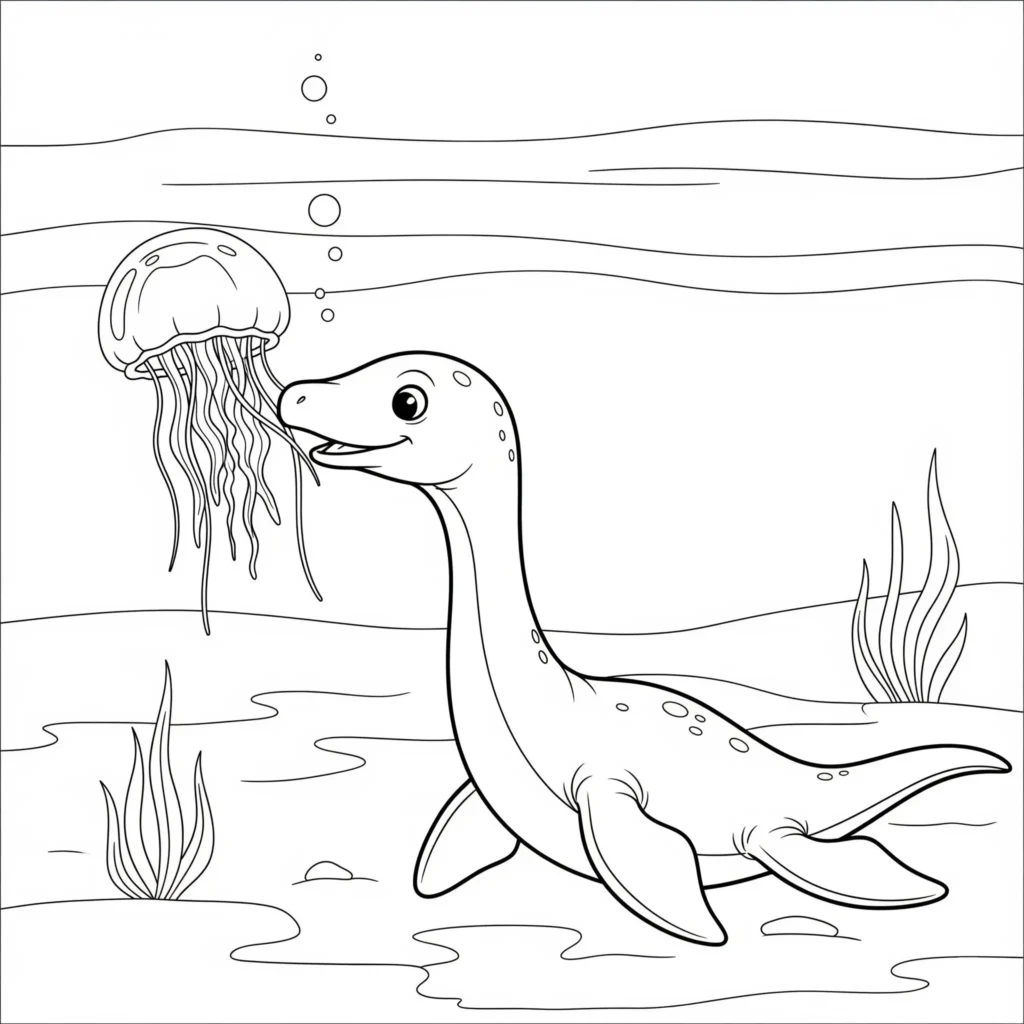 Baby Plesiosaurus Malvorlage zeigt den kleinen Plesiosaurus beim Spielen mit einer Qualle als Ausmalbild für Kinder
