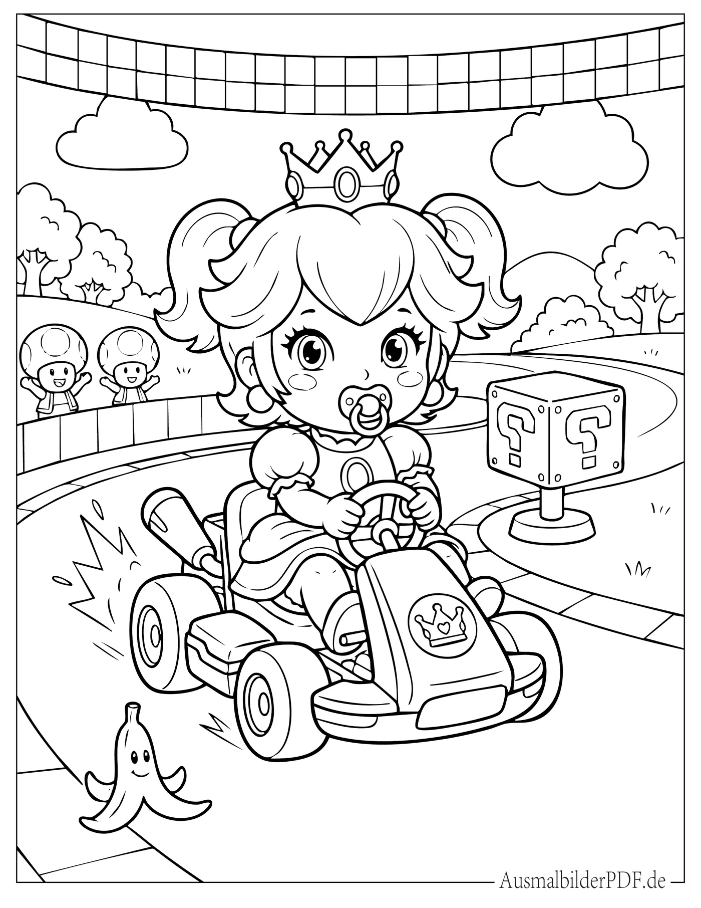 Süße Baby Prinzessin Peach in Mario Kart Ausmalbild für Kinder