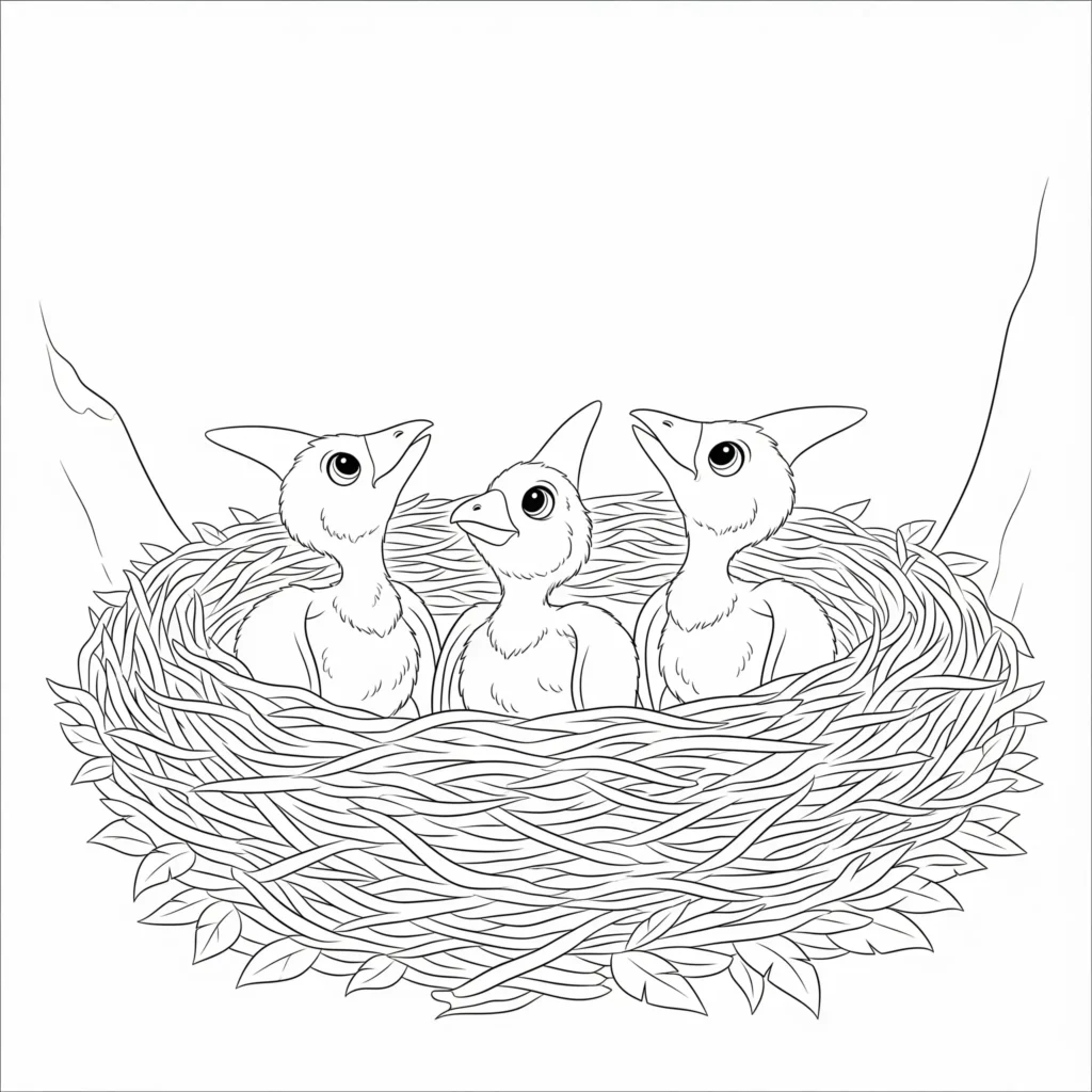 Ausmalbild eines Baby Pteranodons in einem Nest zum Ausdrucken für Kinder