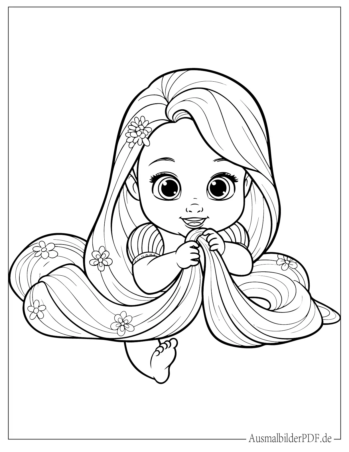 10+ Ausmalbilder Rapunzel (Gratis Malvorlagen zum Ausdrucken) Süße Baby Rapunzel spielt mit Haaren Malvorlage