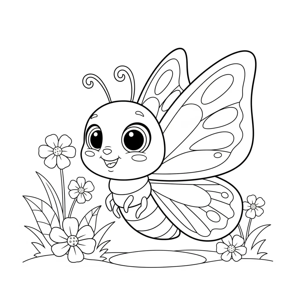 30+ Schmetterling Ausmalbilder (Gratis Malvorlage zum drucken) Ein niedlicher Baby-Schmetterling mit großen Flügeln, ideal zum Ausdrucken und Ausmalen für Kinder jeden Alters.