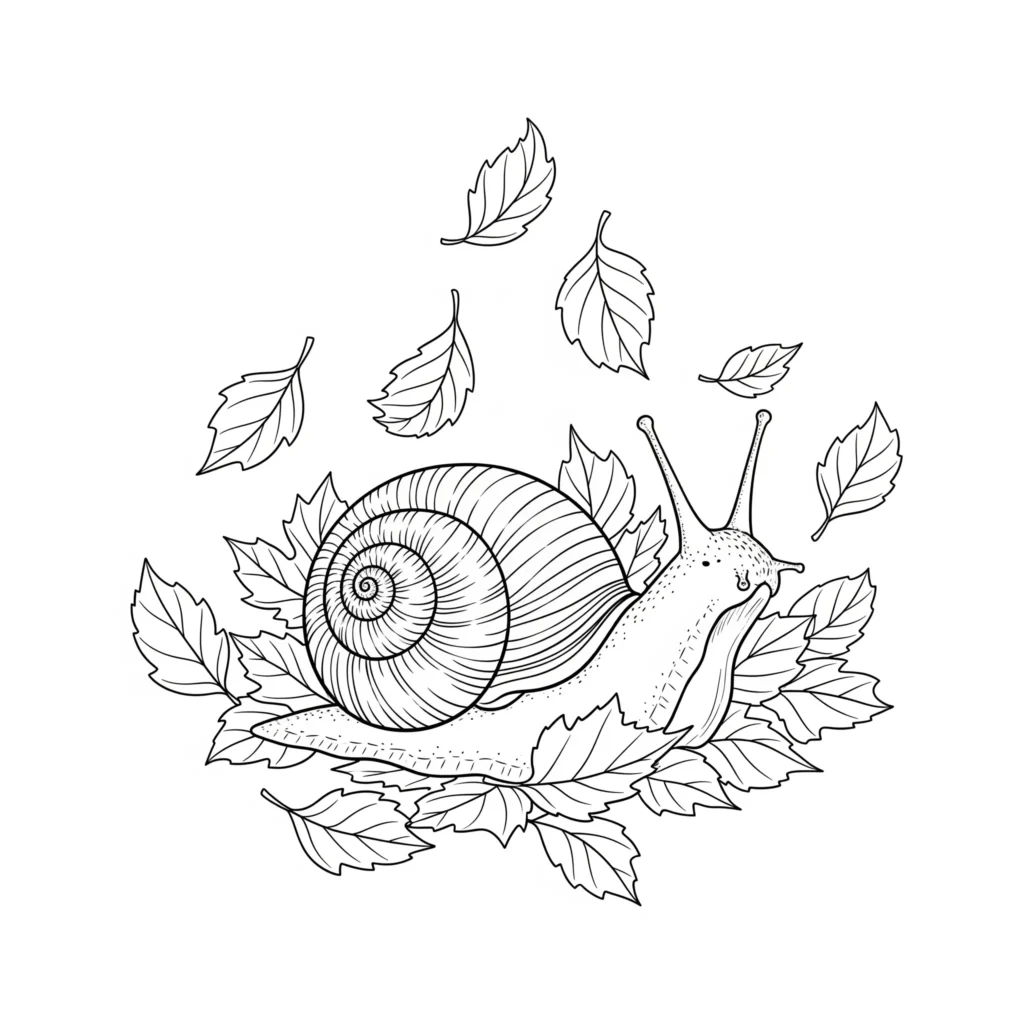 Ausmalbild mit einer kleinen Schnecke, die sich zwischen herabgefallenen Herbstblättern befindet. Diese schnecke ausmalbilder zum ausdrucken